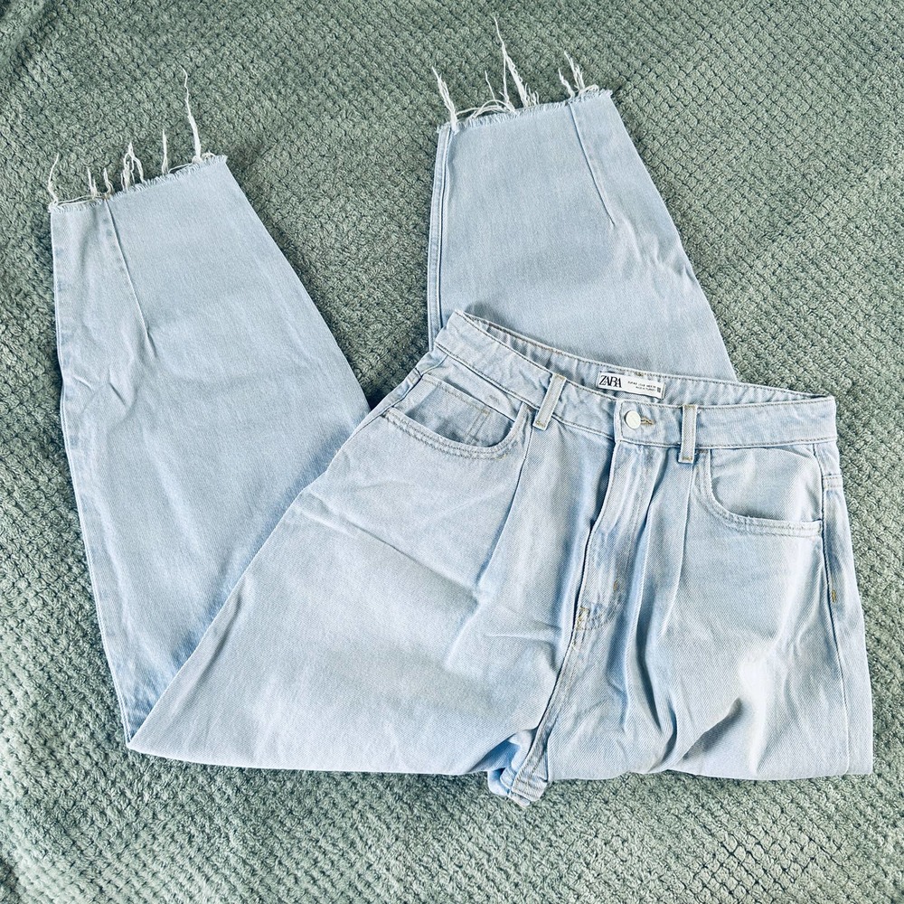ZARA Light Wash High Rise Cutoff Balloon Wide Leg Tapered Jeans Womens 8